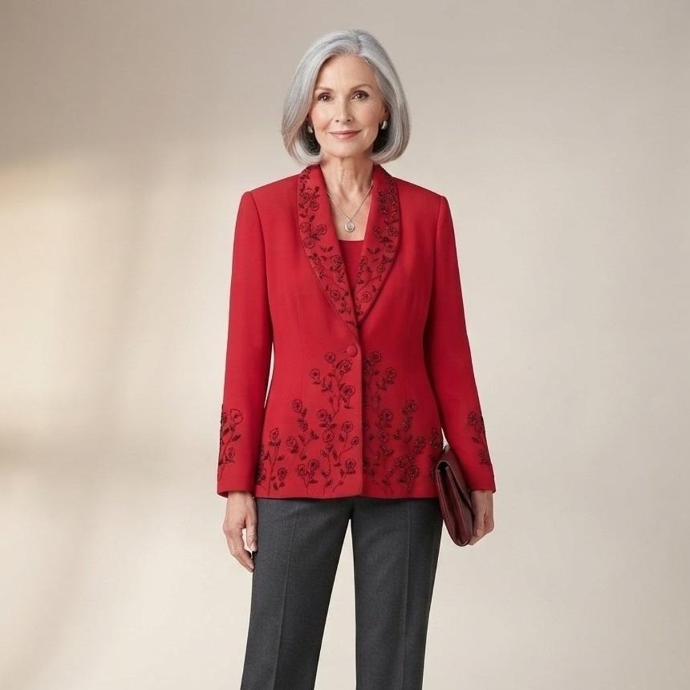 Vtg Ben Marc‎ International Womans Red Heavily Beaded Button Blazer Size 14 Read